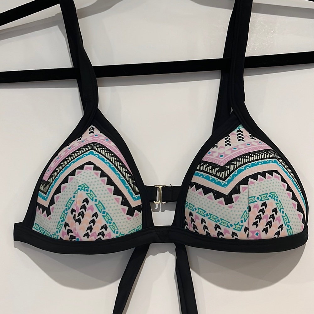 Multi-colored bathing suit top; ties around the waist